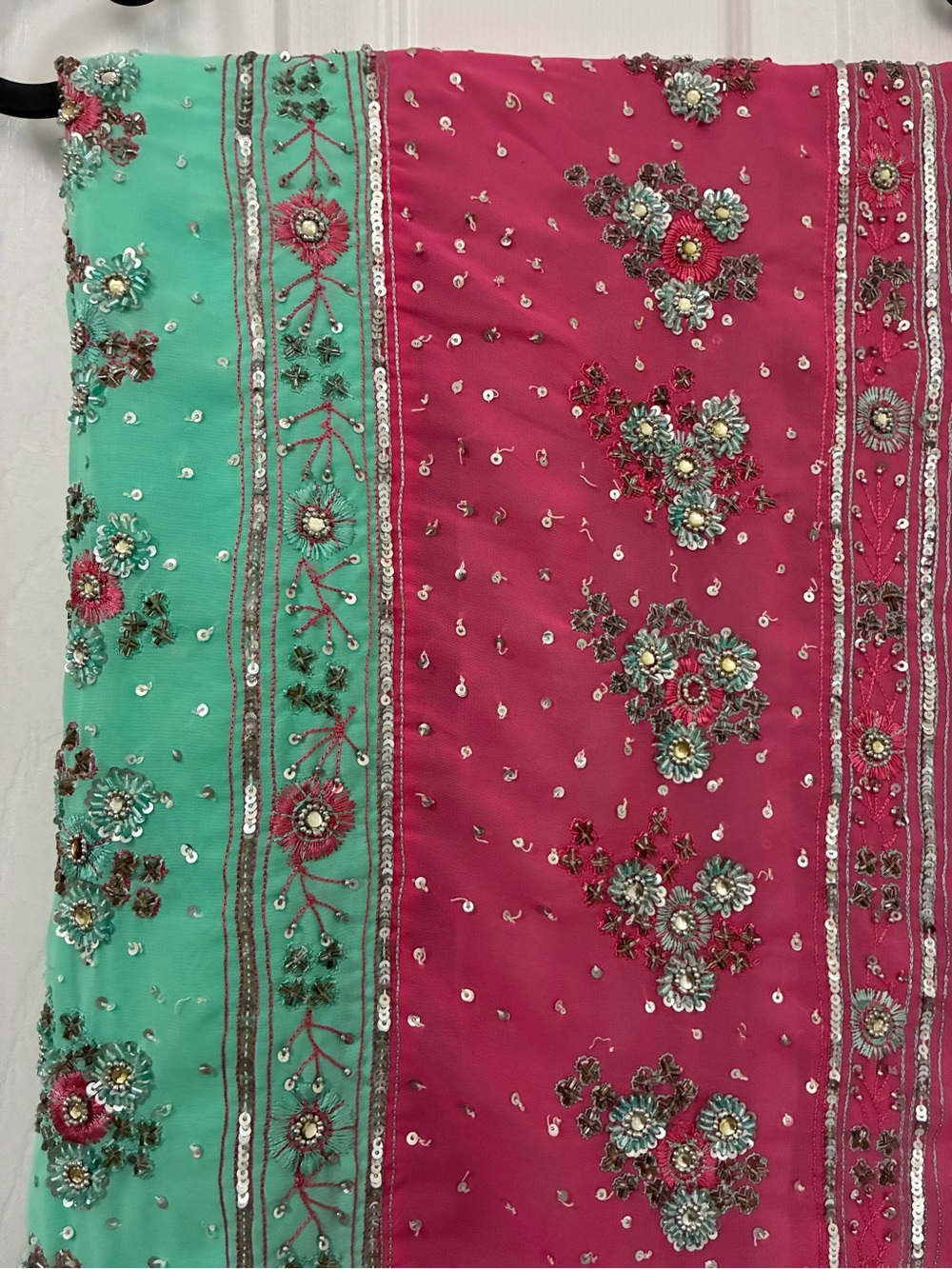 Embellished Pink & Mint Green Saree